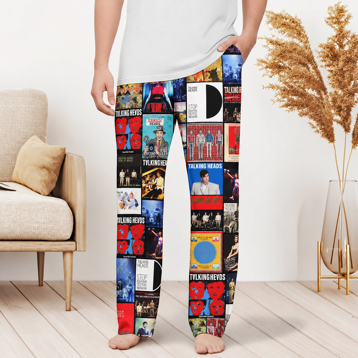 Talking Heads Pajama Pants - Retro David Byrne Discography Artwork Collage Printed Sleepwear Pants - Perfect Holiday Gift for Rock Fans