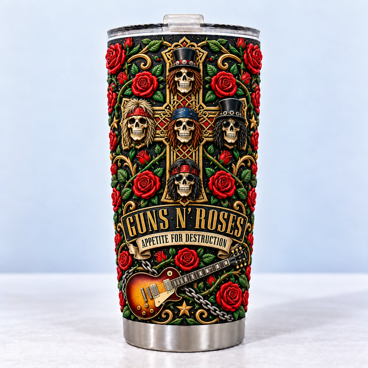 Guns N' Roses 3D Printed Tumbler - 20oz Stainless Steel Insulated Travel Coffee Mug with Lid - Hard Rock Band Music Merchandise Gift