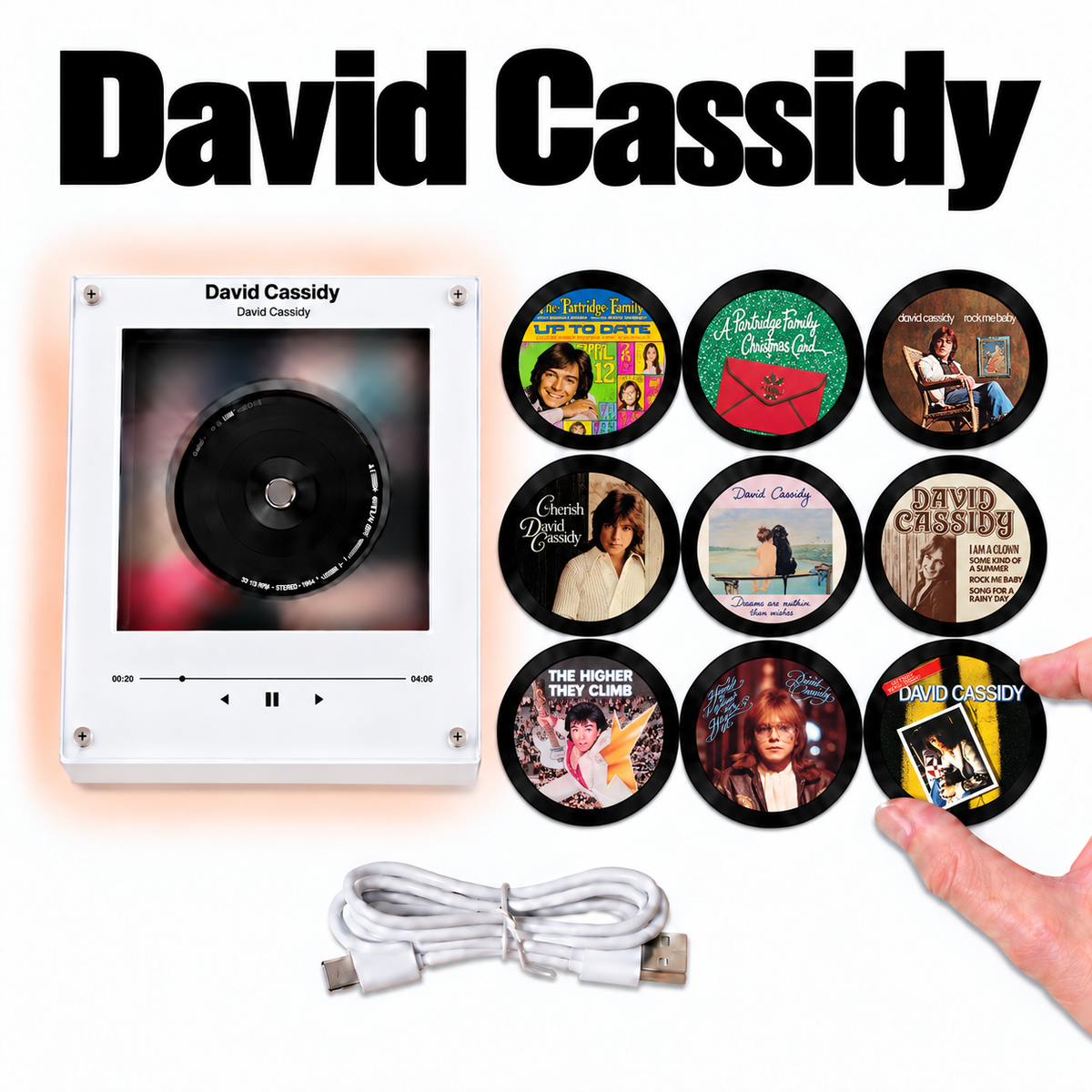 David Cassidy MagTune Mini CD Player Light - Premium 70s Pop Music Merchandise, Rock Me Baby Album Art LED Night Light Tabletop Decor Gift