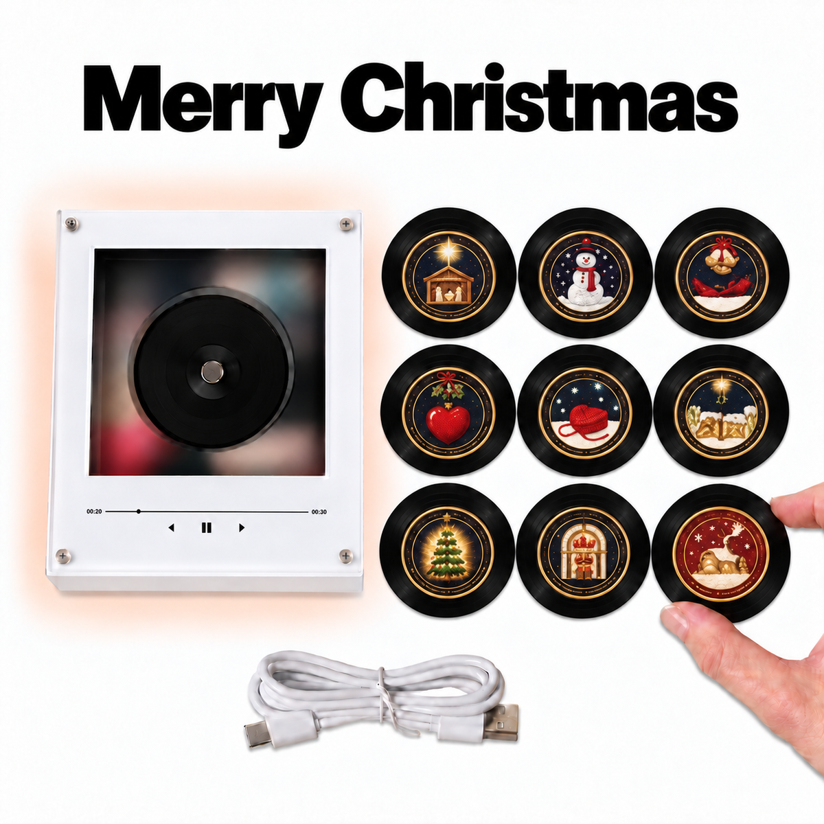 Merry Christmas Magtune Music Player – Festive Acrylic Music Frame with 9 Interchangeable Holiday Mini Vinyl Discs