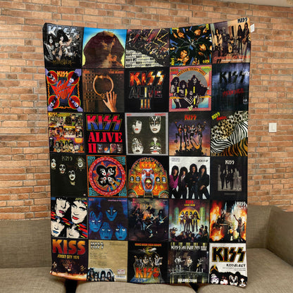 KISS Album Covers Collage Sherpa Blanket – 70s 80s Hard Rock & Glam Metal Legend Throw Blanket