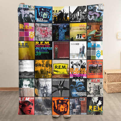 R.E.M.Album Covers Collage Sherpa Blanket – Classic Gift for Indie & Alt-Rock Fans