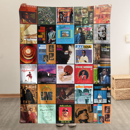 Stevie Wonder Album Covers Collage Sherpa Blanket – Classic Motown Soul R&B Music Legend Throw Blanket