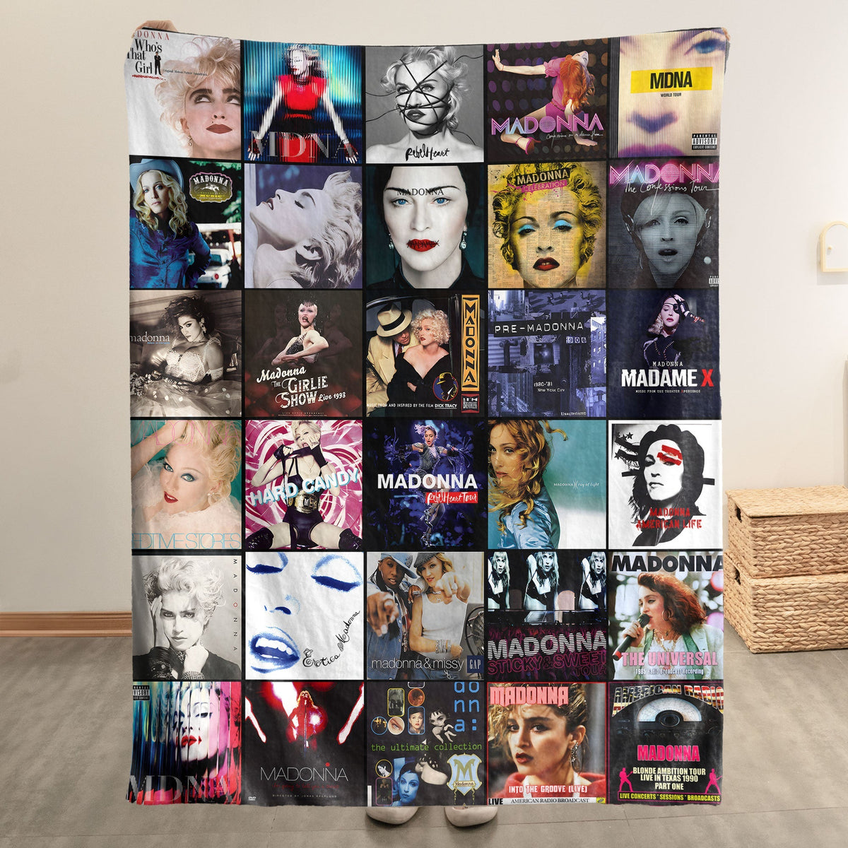 Madonna Album Covers Collage Sherpa Blanket – Vintage Pop Music Legend Throw Blanket