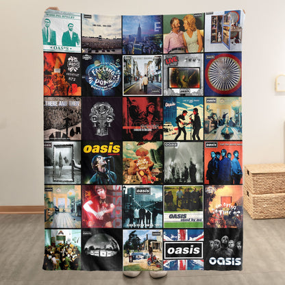 Oasis Album Covers Collage Sherpa Blanket – 90s Britpop & British Rock Music Lover Gift
