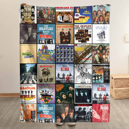 The Beatles Album Covers Collage Sherpa Blanket – 60s British Invasion Rock Legend Throw Blanket Fan Gift
