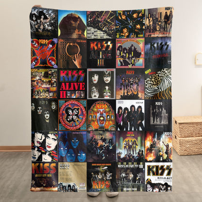KISS Album Covers Collage Sherpa Blanket – 70s 80s Hard Rock & Glam Metal Legend Throw Blanket