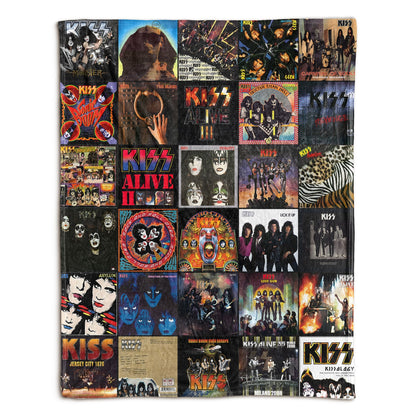 KISS Album Covers Collage Sherpa Blanket – 70s 80s Hard Rock & Glam Metal Legend Throw Blanket