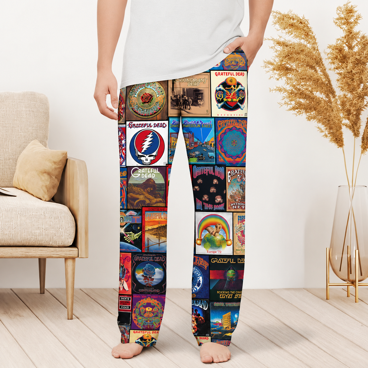 Grateful Dead Pajama Pants - Psychedelic Rock Album Cover Grid Collage Soft Sleep Lounge Pants with Pockets for Men & Women Music Gift
