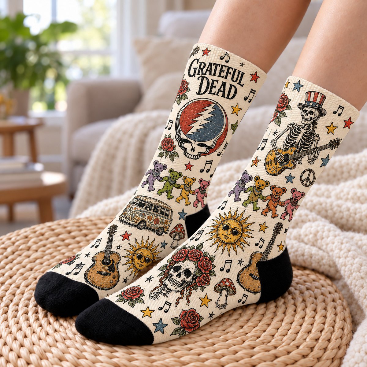 Grateful Dead Middle Tube Socks - Vintage Steal Your Face & Dancing Bears Printed Socks, Rock Band Fan Gift