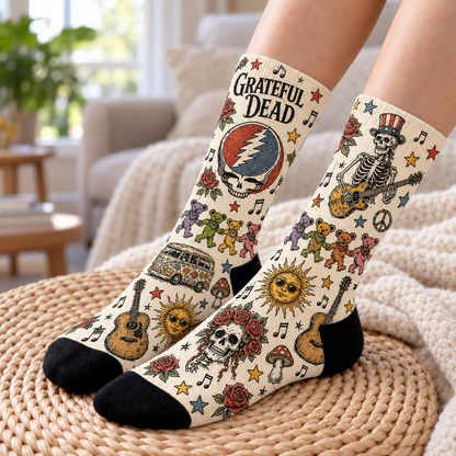 Grateful Dead Middle Tube Socks - Vintage Steal Your Face & Dancing Bears Printed Socks, Rock Band Fan Gift