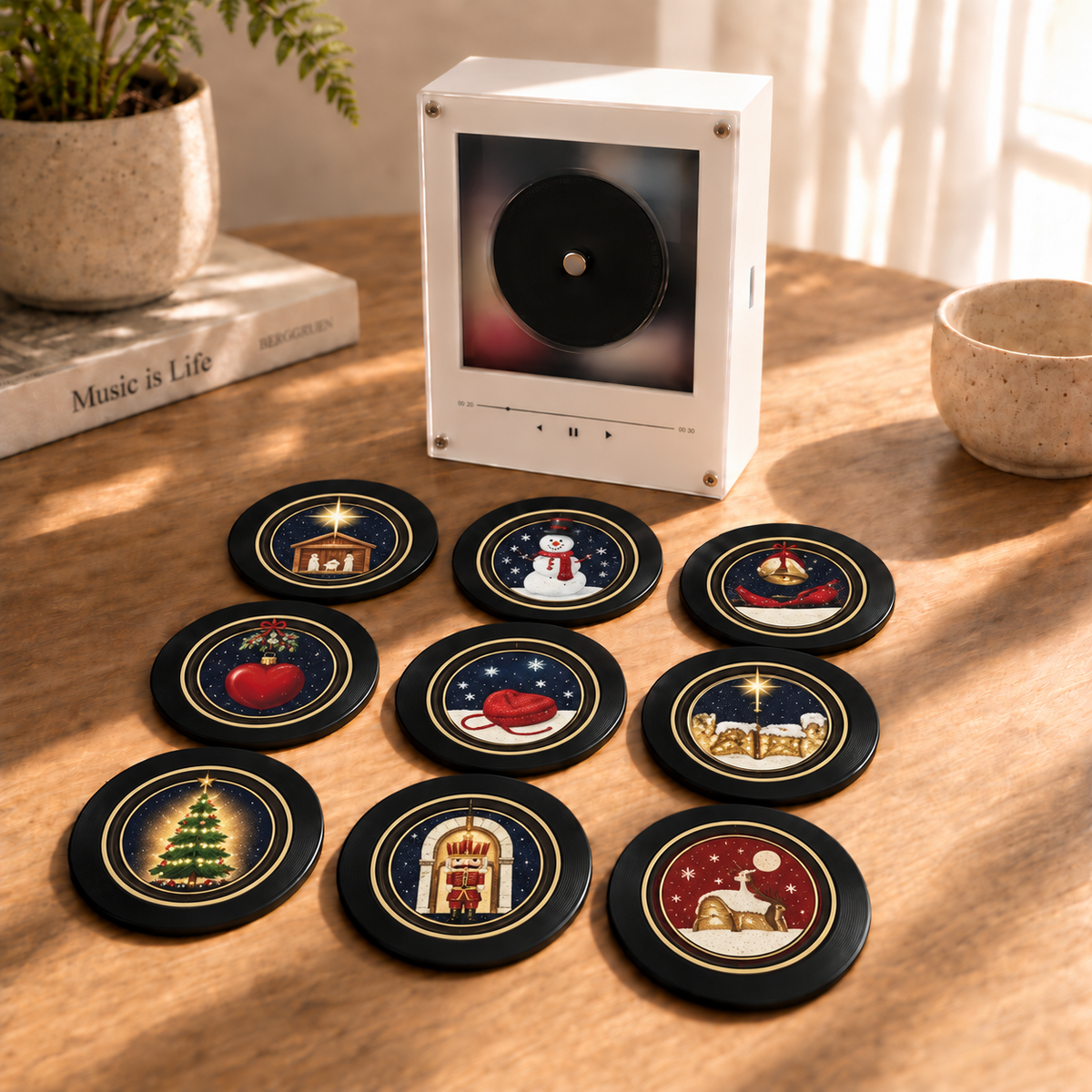 Merry Christmas Magtune Music Player – Festive Acrylic Music Frame with 9 Interchangeable Holiday Mini Vinyl Discs