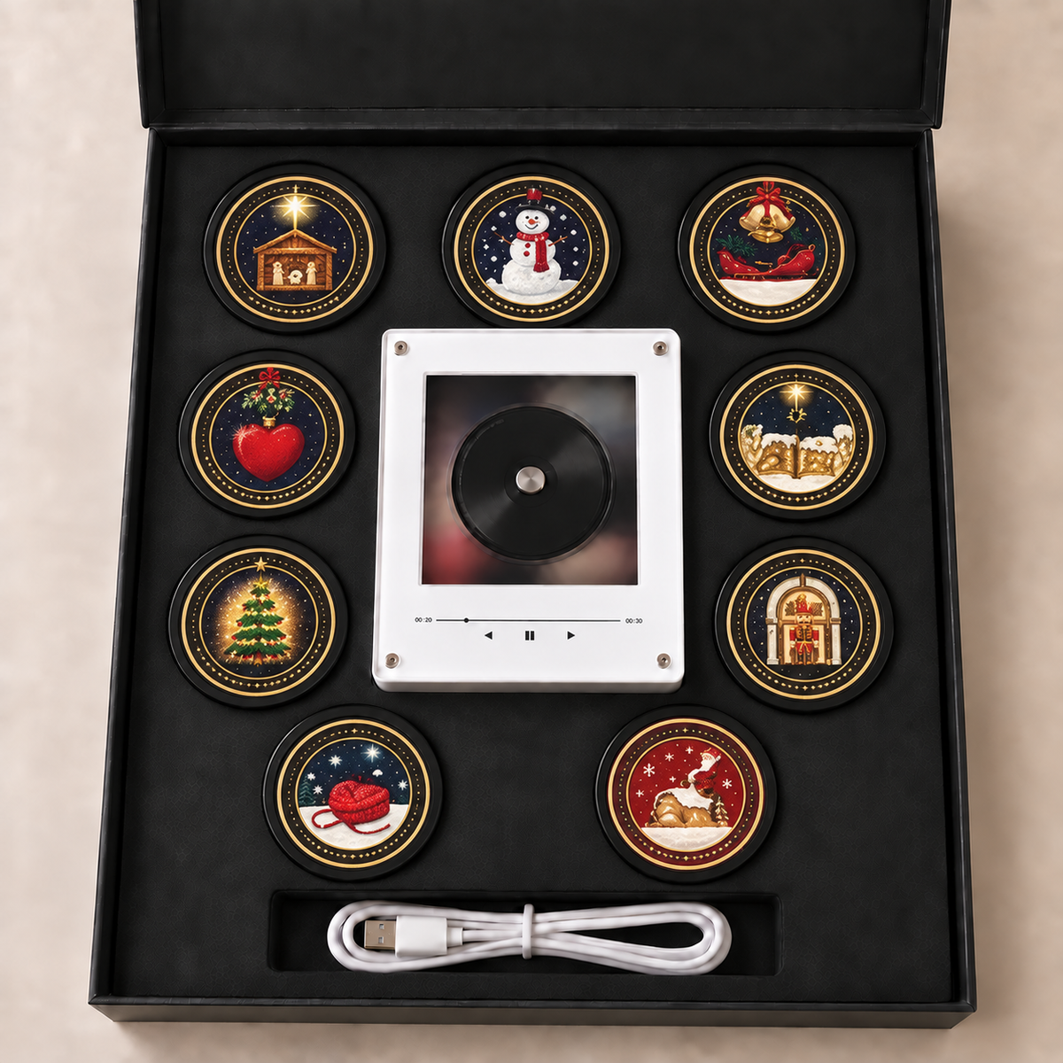 Merry Christmas Magtune Music Player – Festive Acrylic Music Frame with 9 Interchangeable Holiday Mini Vinyl Discs