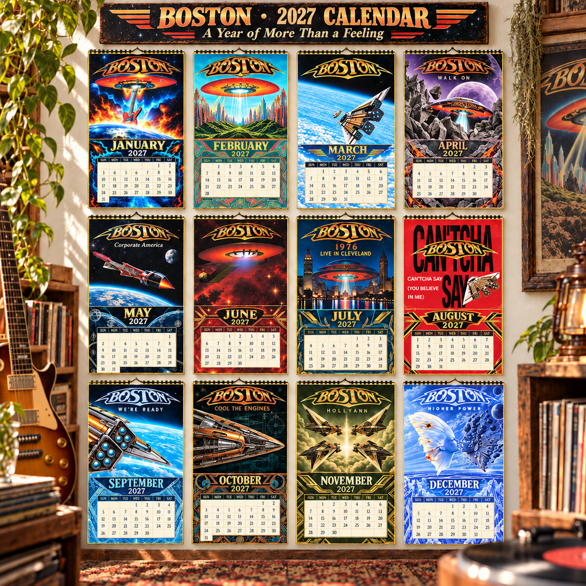 Boston Band Wall Calendar 2027 - 12-Month Classic Rock Music Merchandise & Spaceship Album Art Decor