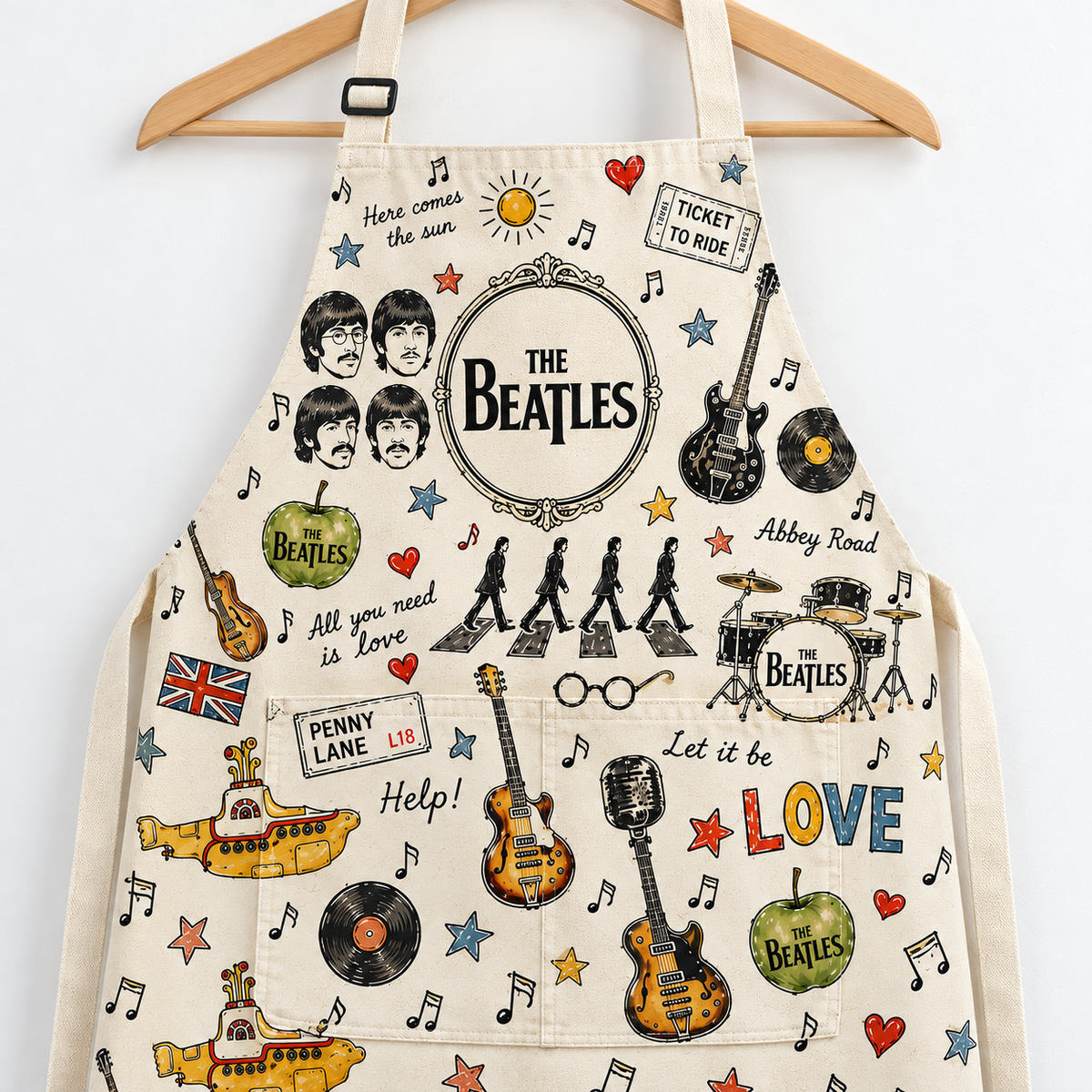 The Beatles Apron with Pocket - Sketch Doodle Abbey Road Cream Kitchen Cooking Apron, Rock Band Chef Fan Gift