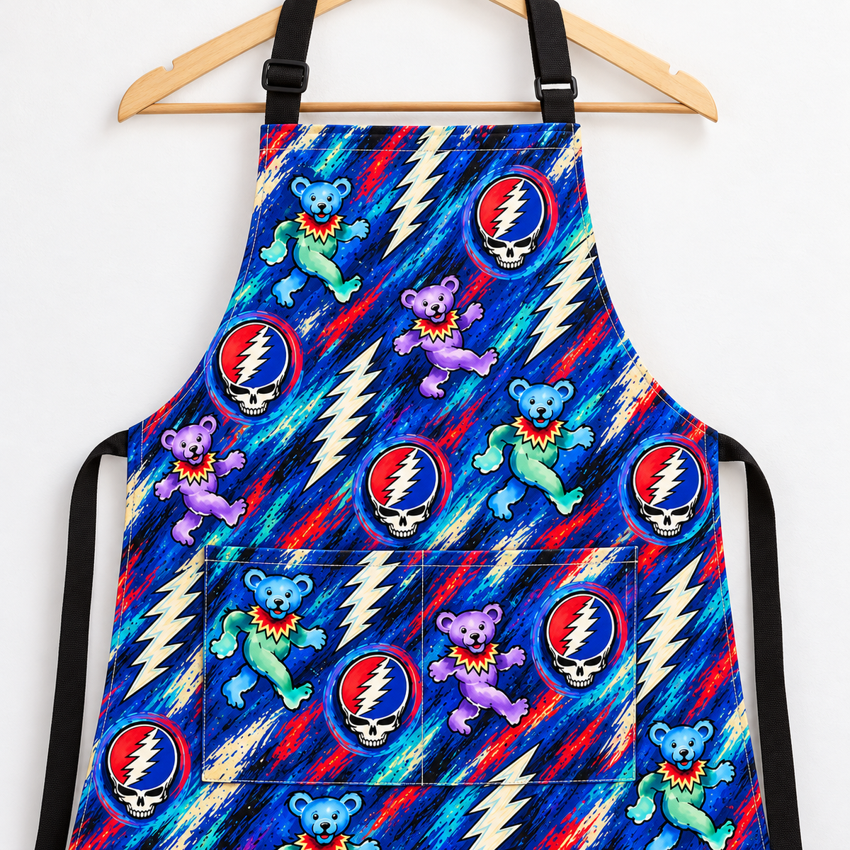 Grateful Dead Apron with Pocket - Dancing Bears Stealie Kitchen Cooking Apron, Rock Band Chef Fan Gift