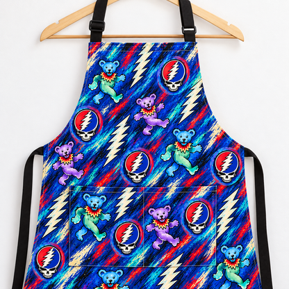 Grateful Dead Apron with Pocket - Dancing Bears Stealie Kitchen Cooking Apron, Rock Band Chef Fan Gift