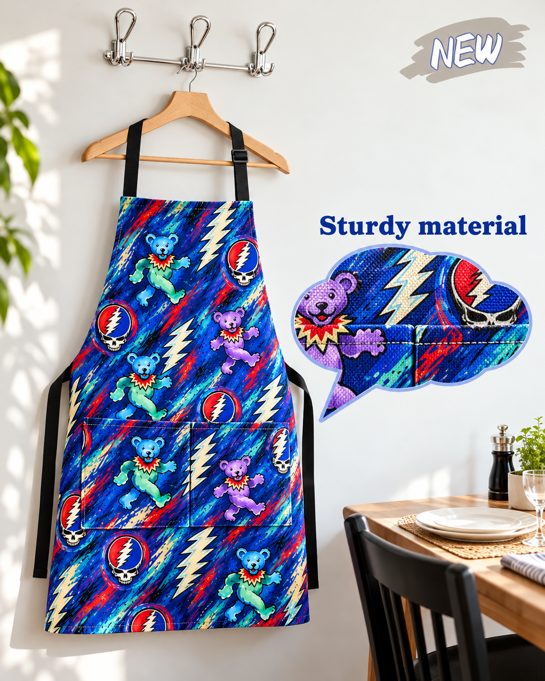 Grateful Dead Apron with Pocket - Dancing Bears Stealie Kitchen Cooking Apron, Rock Band Chef Fan Gift