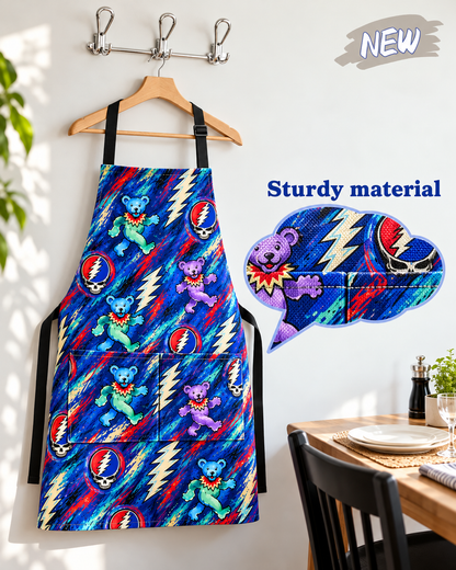 Grateful Dead Apron with Pocket - Dancing Bears Stealie Kitchen Cooking Apron, Rock Band Chef Fan Gift