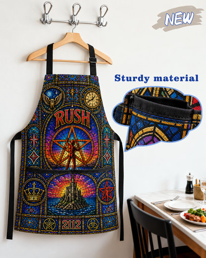RUSH Apron with Pocket - Stained Glass 2112 Starman Kitchen Cooking Apron, Prog Rock Band Chef Fan Gift