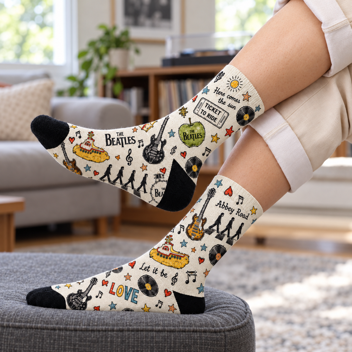 The Beatles Middle Tube Socks - Abbey Road Sketch Style Printed Band Socks, Classic Rock Music Fan Gift