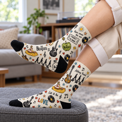 The Beatles Middle Tube Socks - Abbey Road Sketch Style Printed Band Socks, Classic Rock Music Fan Gift