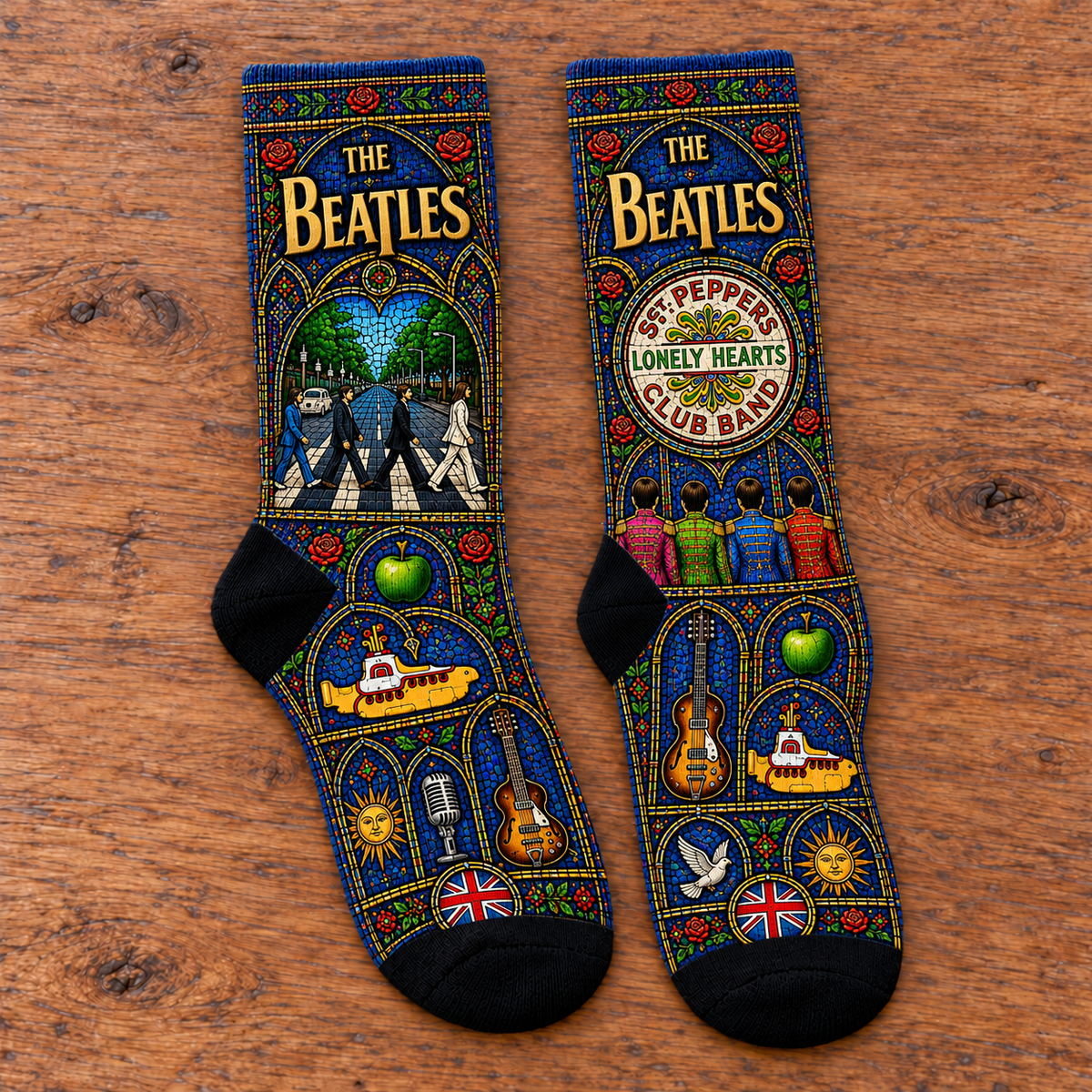 The Beatles Stained Glass Middle Tube Socks - Abbey Road Cathedral Window Printed Band Socks, Rock Fan Gift