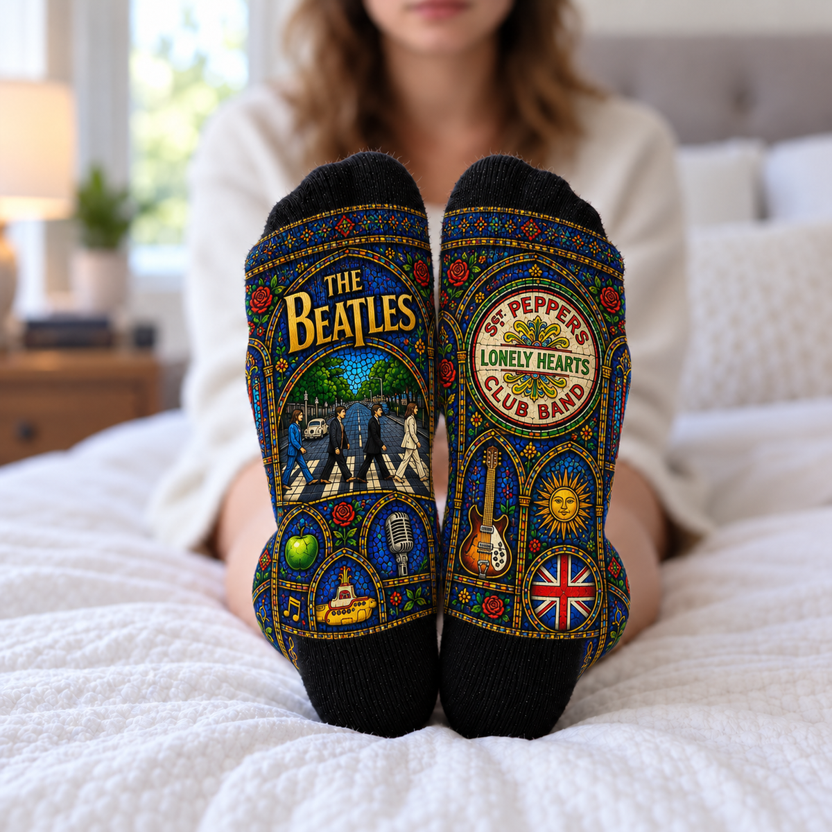 The Beatles Stained Glass Middle Tube Socks - Abbey Road Cathedral Window Printed Band Socks, Rock Fan Gift