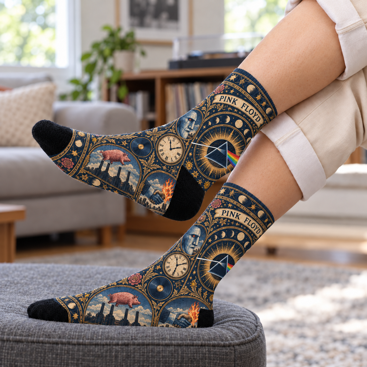 Pink Floyd Heritage Pattern Middle Tube Socks - Dark Side of the Moon Prism Printed Socks, Prog Rock Fan Gift