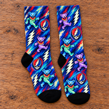 Grateful Dead Painterly Middle Tube Socks - Blue Brushstroke Dancing Bears Printed Socks, Rock Band Fan Gift