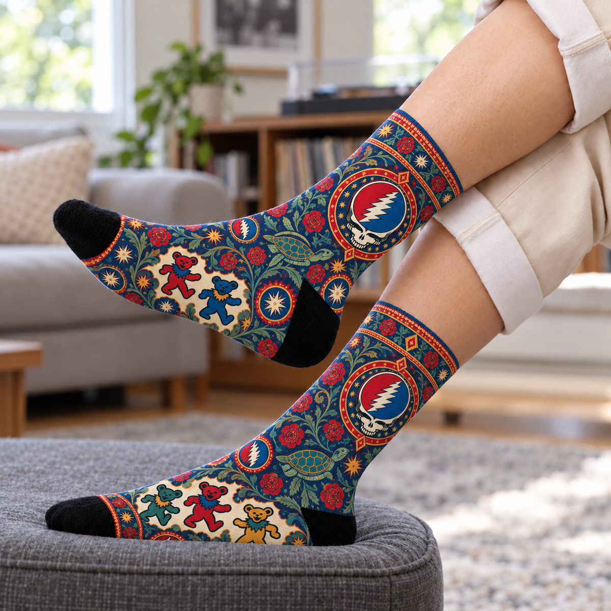 Grateful Dead Heritage Pattern Middle Tube Socks - Vintage Tapestry Printed Band Socks, Rock Fan Holiday Gift