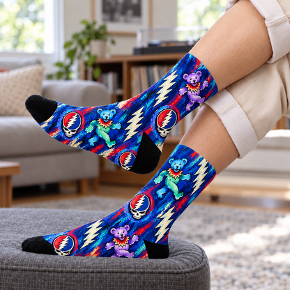 Grateful Dead Painterly Middle Tube Socks - Blue Brushstroke Dancing Bears Printed Socks, Rock Band Fan Gift