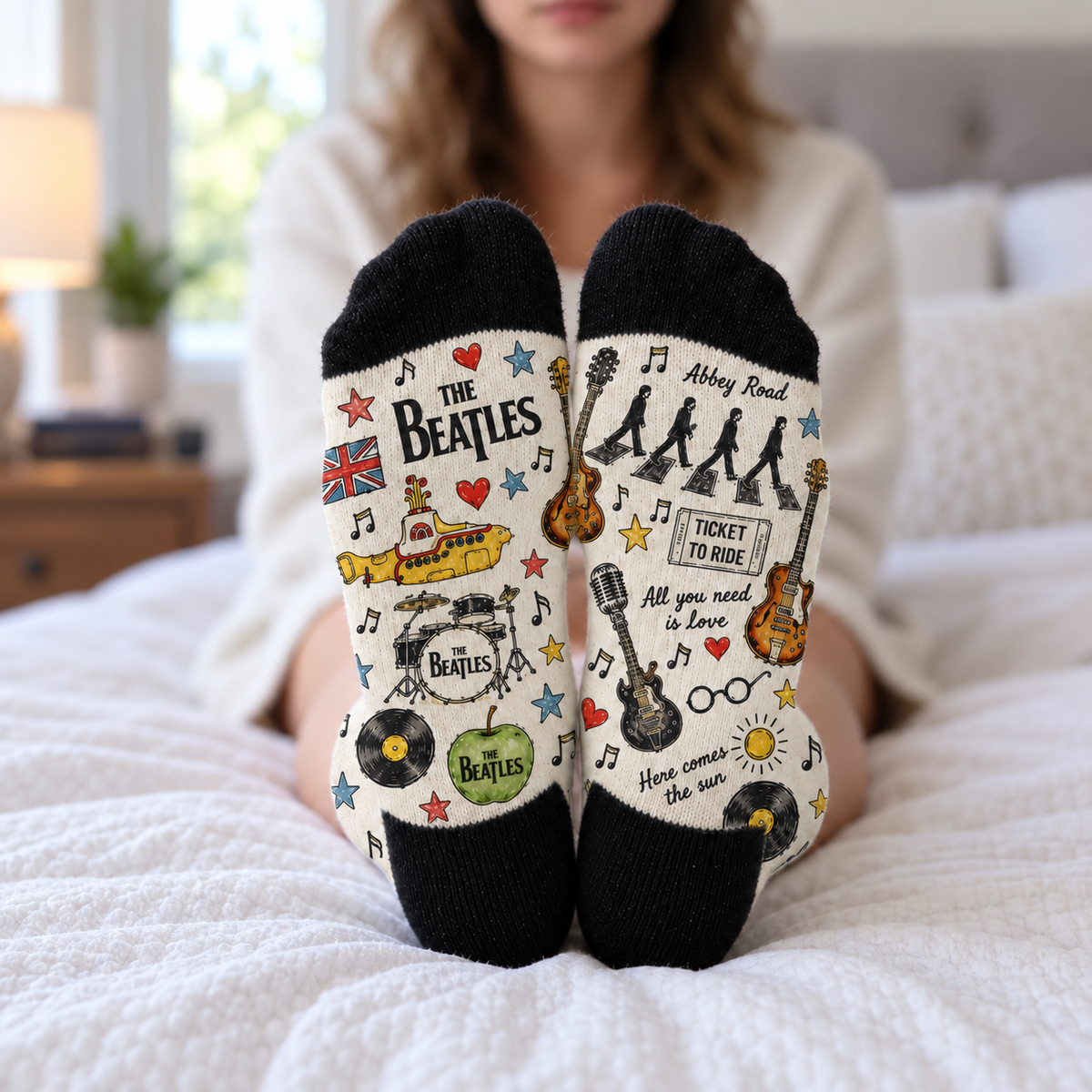 The Beatles Middle Tube Socks - Abbey Road Sketch Style Printed Band Socks, Classic Rock Music Fan Gift