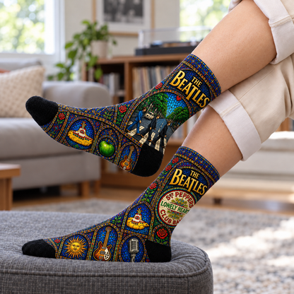 The Beatles Stained Glass Middle Tube Socks - Abbey Road Cathedral Window Printed Band Socks, Rock Fan Gift