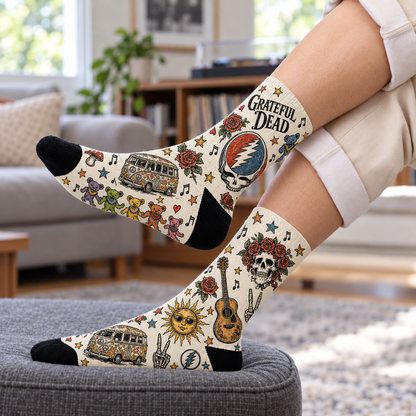 Grateful Dead Middle Tube Socks - Vintage Steal Your Face & Dancing Bears Printed Socks, Rock Band Fan Gift
