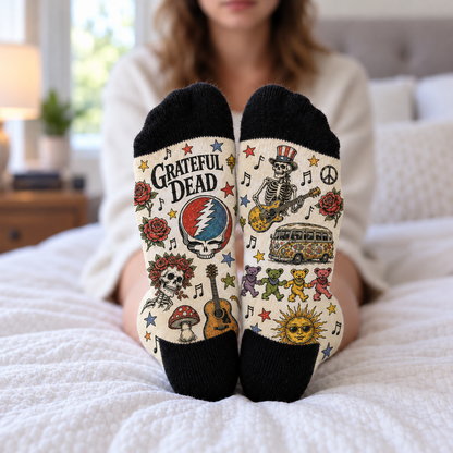 Grateful Dead Middle Tube Socks - Vintage Steal Your Face & Dancing Bears Printed Socks, Rock Band Fan Gift