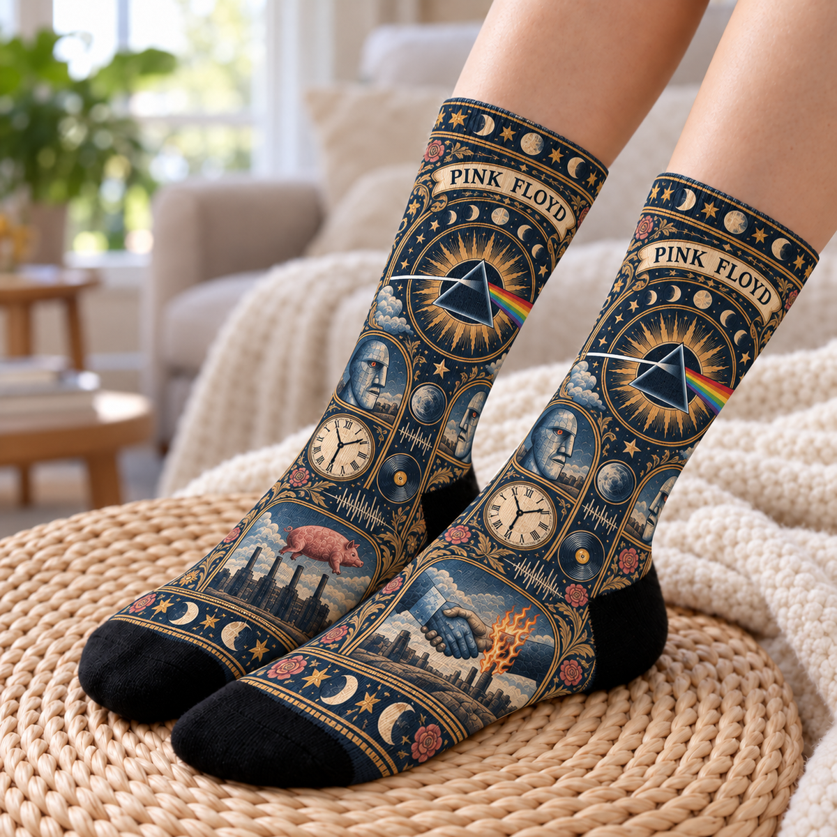 Pink Floyd Heritage Pattern Middle Tube Socks - Dark Side of the Moon Prism Printed Socks, Prog Rock Fan Gift