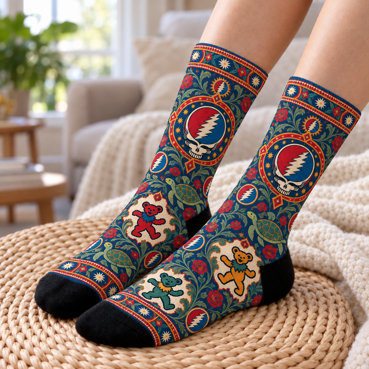 Grateful Dead Heritage Pattern Middle Tube Socks - Vintage Tapestry Printed Band Socks, Rock Fan Holiday Gift
