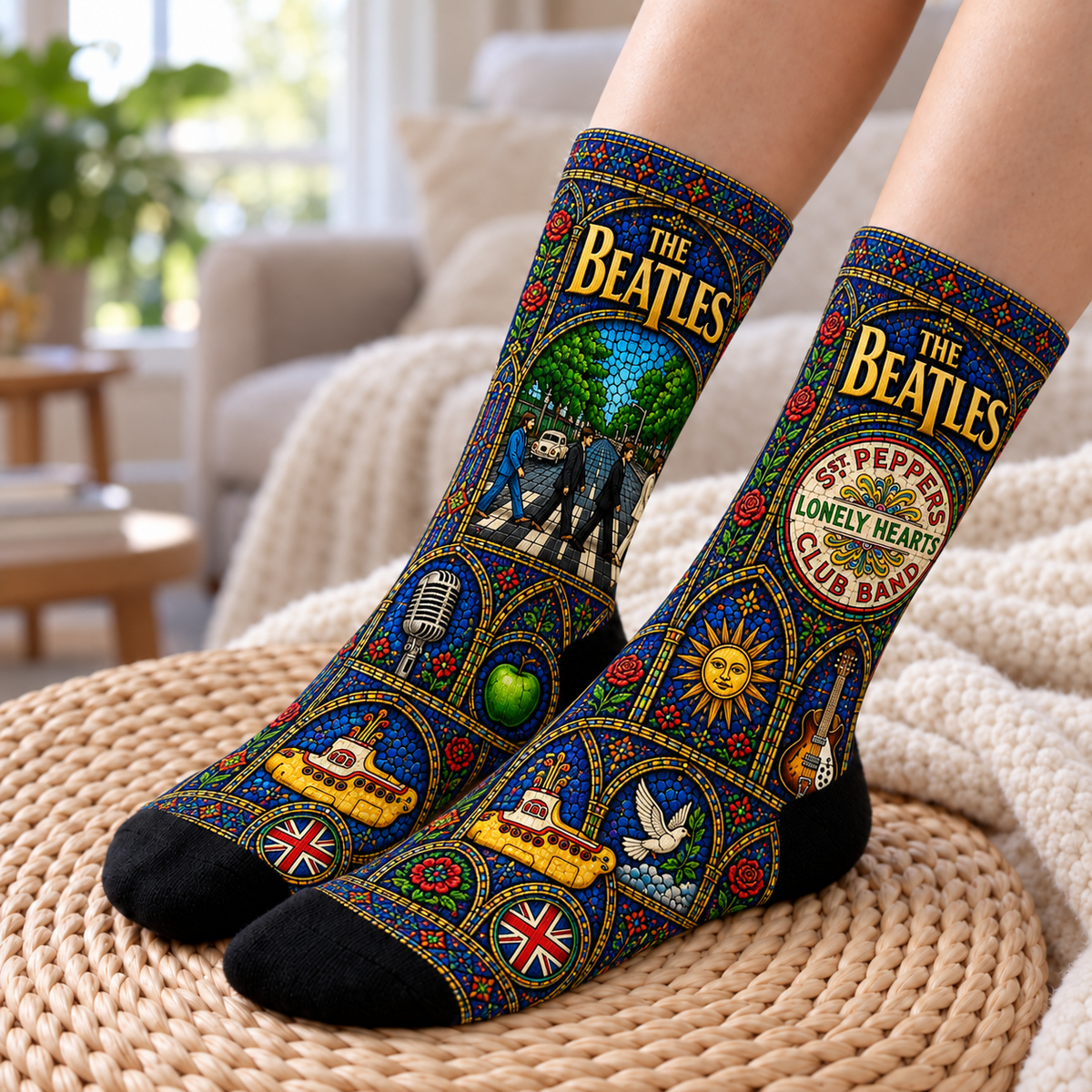 The Beatles Stained Glass Middle Tube Socks - Abbey Road Cathedral Window Printed Band Socks, Rock Fan Gift