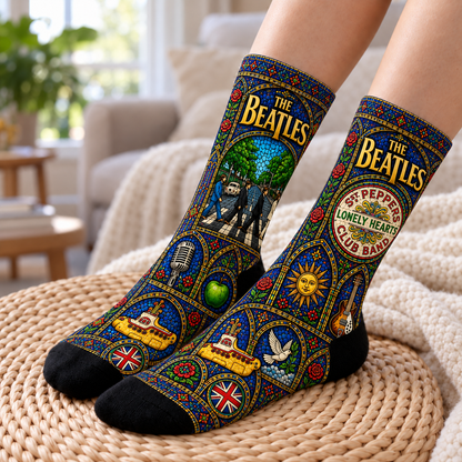 The Beatles Stained Glass Middle Tube Socks - Abbey Road Cathedral Window Printed Band Socks, Rock Fan Gift