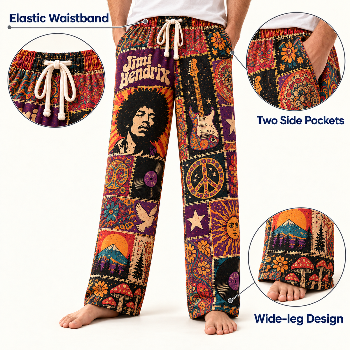 Jimi Hendrix Pajama Pants - Patchwork Psychedelic Rock Art Sleepwear | Music Fan Lounge Pants