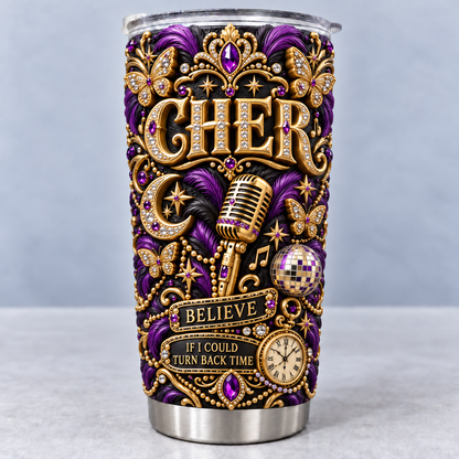 Cher 3D Printed Tumbler - 20oz Stainless Steel Insulated Travel Coffee Mug with Lid - Goddess of Pop Music Merchandise Gift