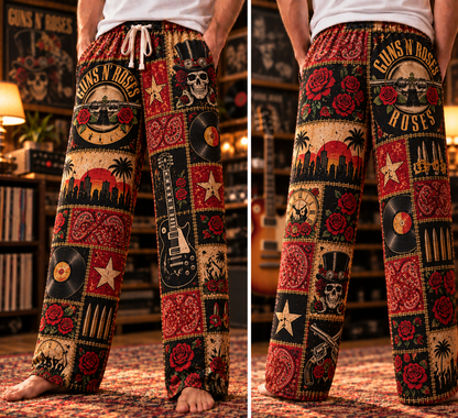 Guns N' Roses Pajama Pants - Patchwork Hard Rock Art Sleepwear | Comfortable Music Fan Lounge Pants