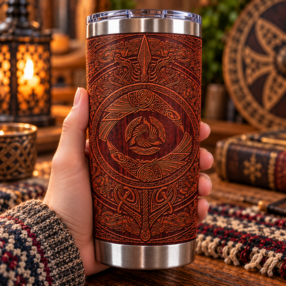 Norse Mythology Odin Ravens & Triskele Stainless Steel Tumbler - Carved Wood Effect Travel Cup with Lid