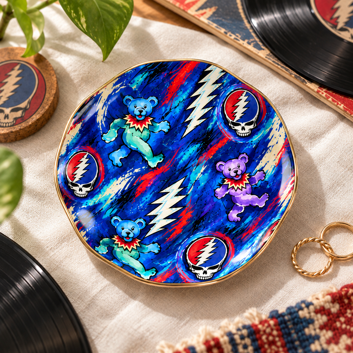 Grateful Dead Painterly Dancing Bears Jewelry Dish - Ceramic Trinket Tray, Steal Your Face Ring Holder, Rock Fan Gift