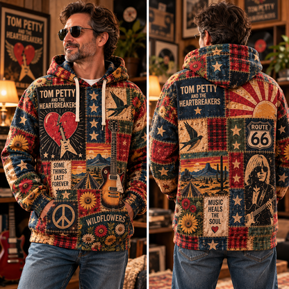 Tom Petty and The Heartbreakers Patchwork Hoodie – Vintage Wildflowers Graphic Pullover, Classic Rock Music Hoodie, Retro Tom Petty Fan Gift