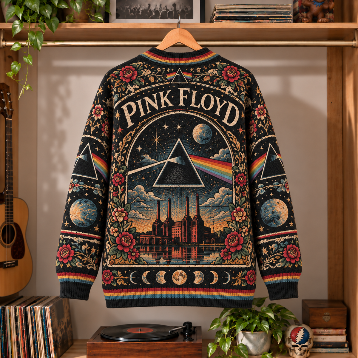 Pink Floyd Retro Rock Knit Cardigan - Vintage Style Prog Rock Button Down Sweater, Unique Classic Album Art Merchandise Fan Outfit