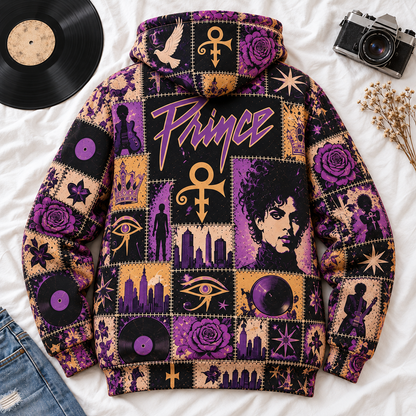 Prince Patchwork Hoodie – Vintage Purple Rain Graphic Pullover, Retro 80s Funk Rock Sweatshirt, Purple and Gold Music Hoodie