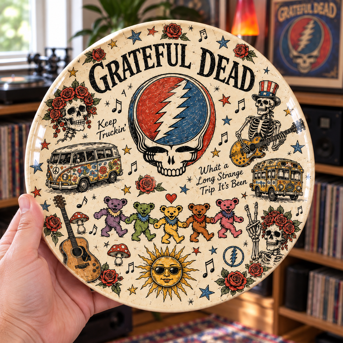 Grateful Dead Sketch Art Ceramic Plate - Decorative Wall & Table Display Dish, Steal Your Face Dancing Bears Rock Fan Gift