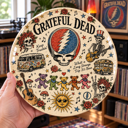 Grateful Dead Sketch Art Ceramic Plate - Decorative Wall & Table Display Dish, Steal Your Face Dancing Bears Rock Fan Gift